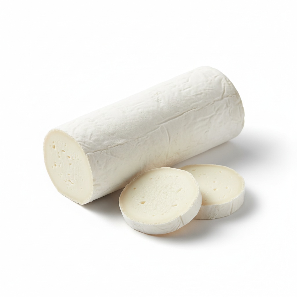 Chèvre Naturel — wit chèvre-rolletje met twee plakjes op witte achtergrond