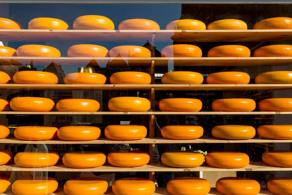 Rijen Goudse kaaswielen op houten schappen in een Nederlandse kaaswinkel